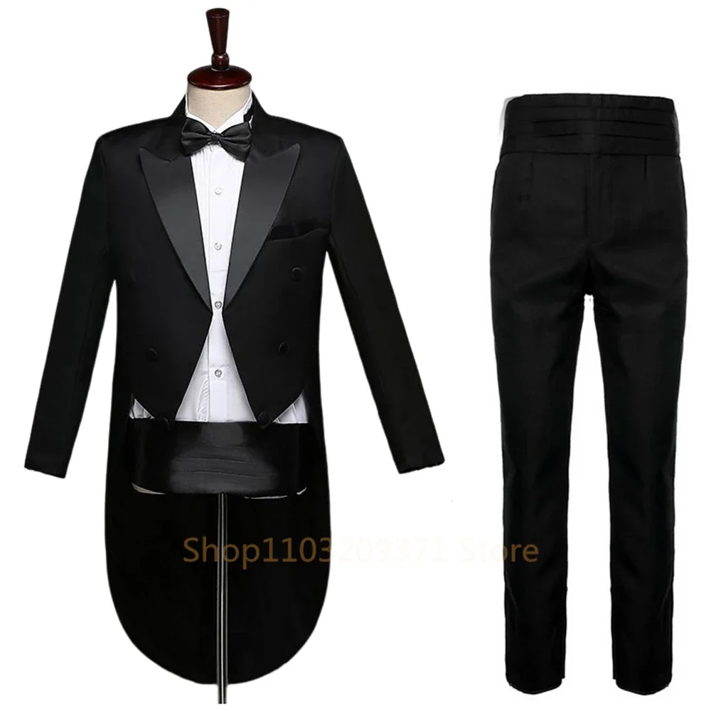 Mens Tuxedo Tailcoat Formal Dress Suits Swallow Tail Coat Black Male Jacket and Pants Party Wedding Dance Magic Performance