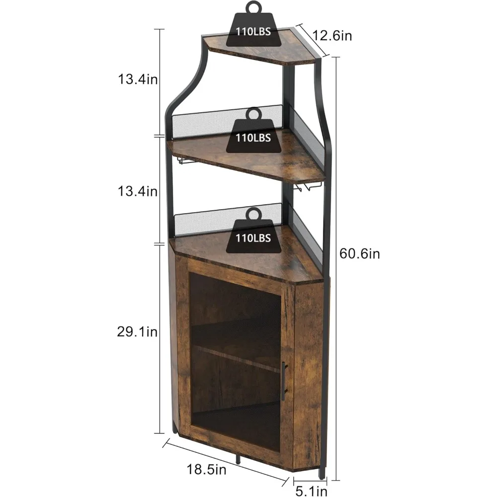 Industrial Style 5-Tier Corner Wine Rack with Removable Glass Shelf and Adjustable Liquor Storage Cabinet