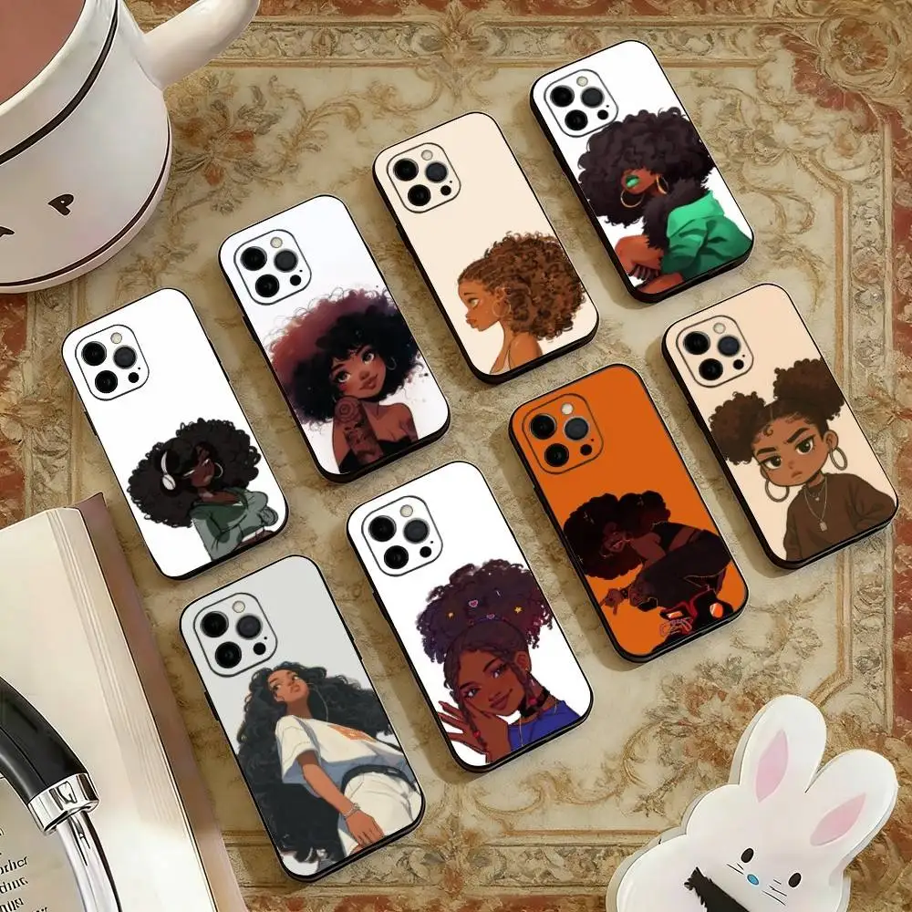 cartoon Black Girl A-Afro  Phone Case Silicone Soft For IPhone 17 16 15 14 13 12 11 X XR Plus Pro Max Plus