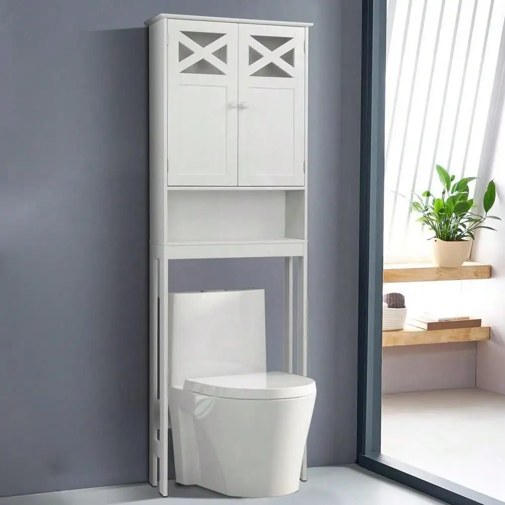 

Over The Toilet Space Saver Cabinet Storage with Tower Rack Shelf White