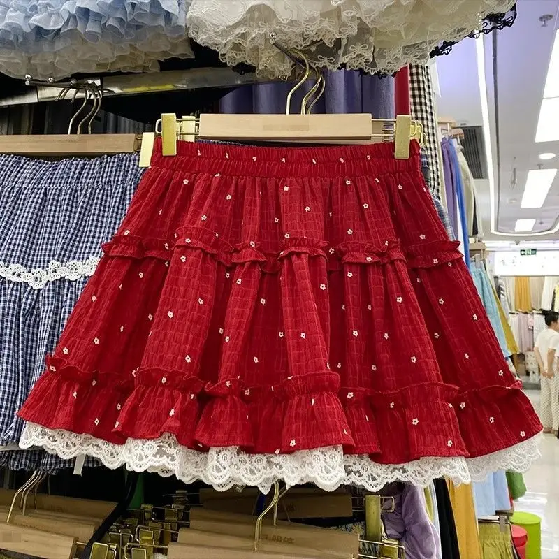 Natal vermelho jk mini saia feminina doce renda retalhos saia plissada harajuku y2k em camadas cintura alta estilo preppy saia