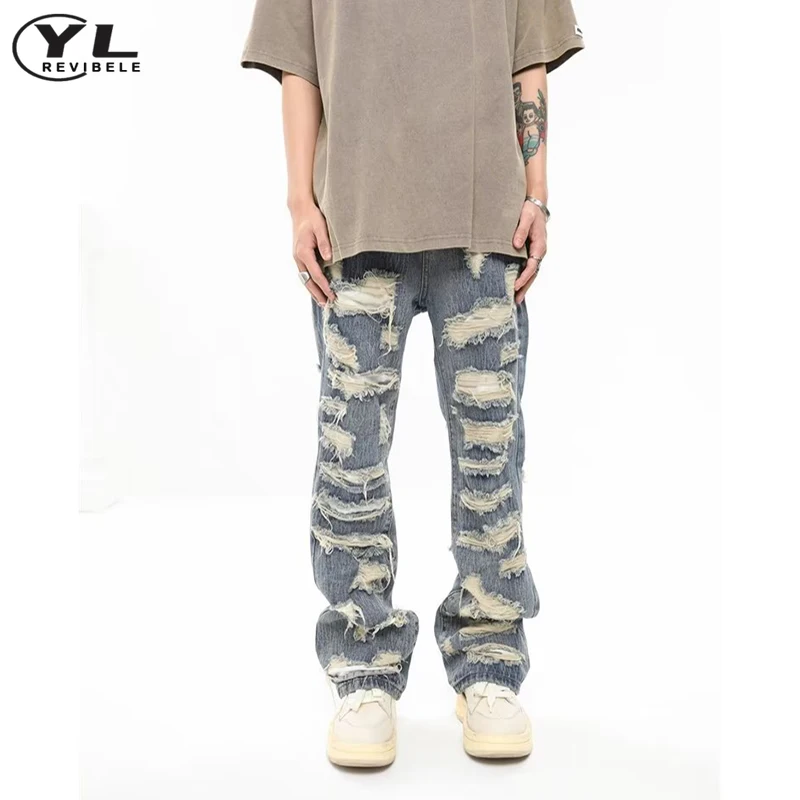 

High Street Hole Heavy Industry Jeans Men Hip Hop Retro Baggy Straight Denim Pants American Tassels Gothic Distressed Trousers