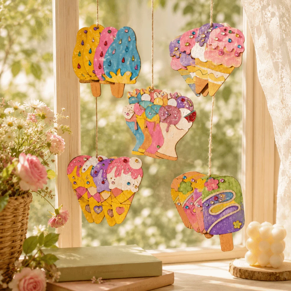 Hand Drawn Wooden Ice Cream Graffiti Kit Handmade Party Photo Props DIY Graffiti Set Hanging Decor Ice Cream Pendant Decorations