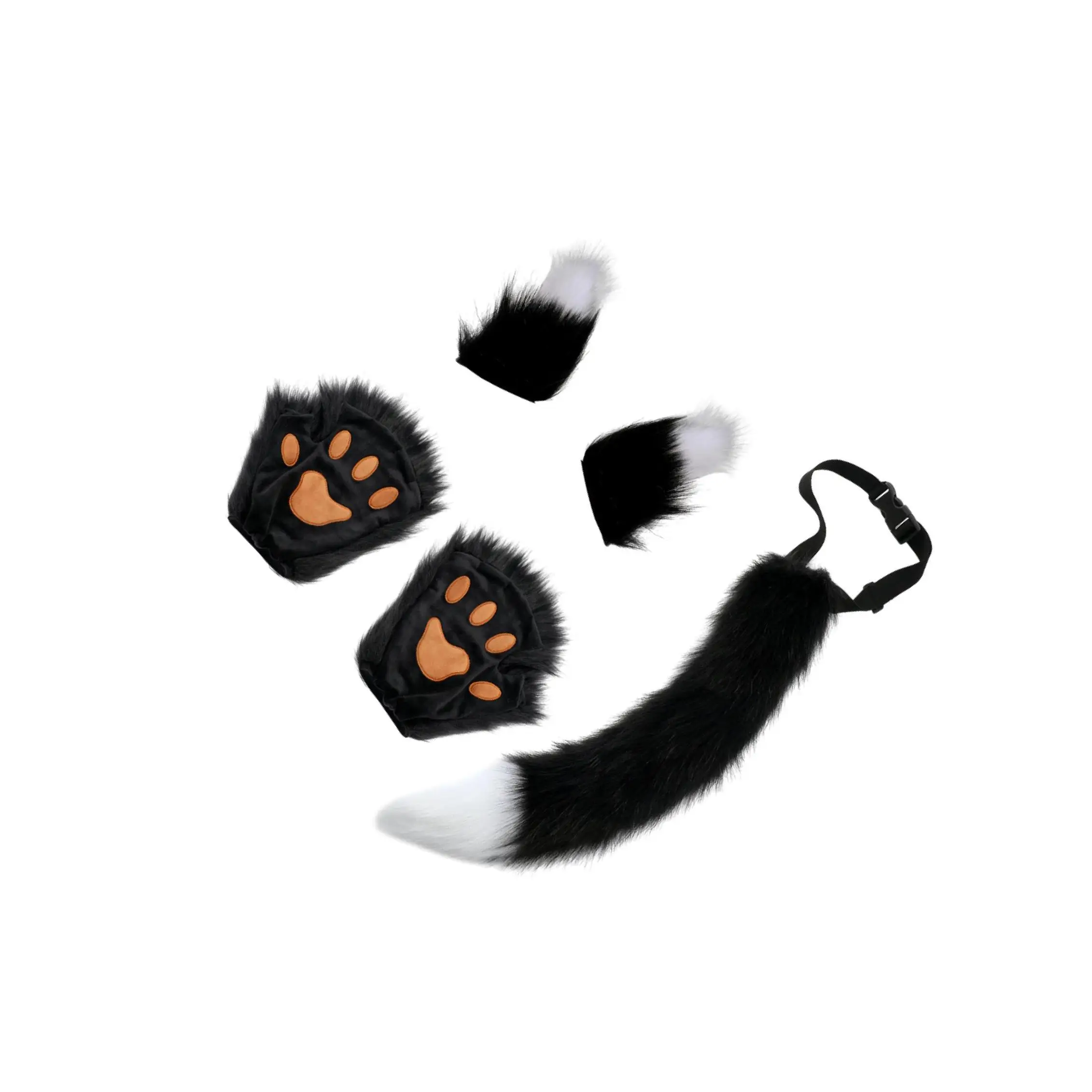 

Костюм для косплея, комплект из искусственных ушей и хвоста для дня рождения, подарок на тематику животных, черный, белый цвет