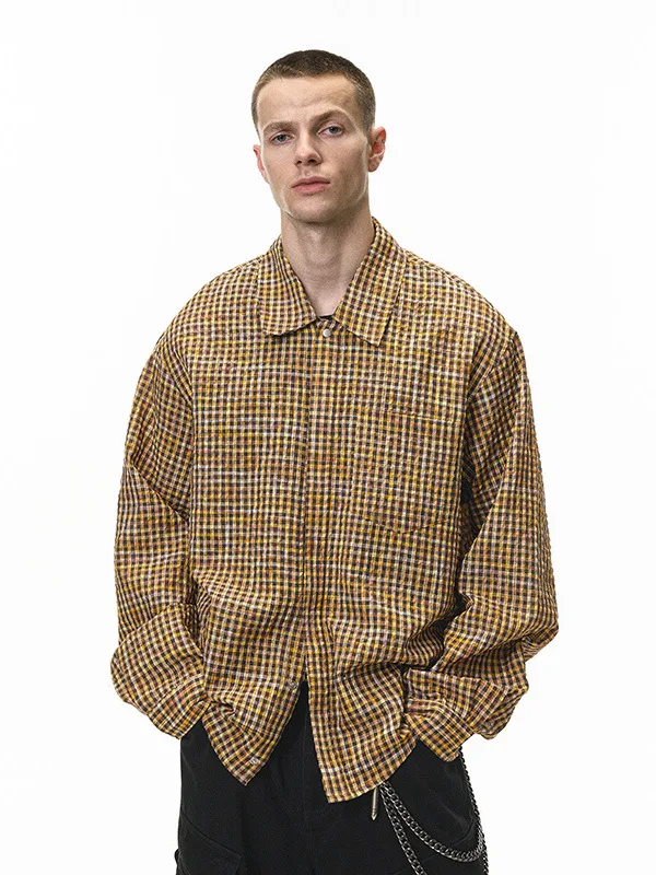 

Tiation Plaid Bubble irt ort Sve Long Sve Men's Faion Brand American Sle Autumn New Arrival Street Sle Cotton