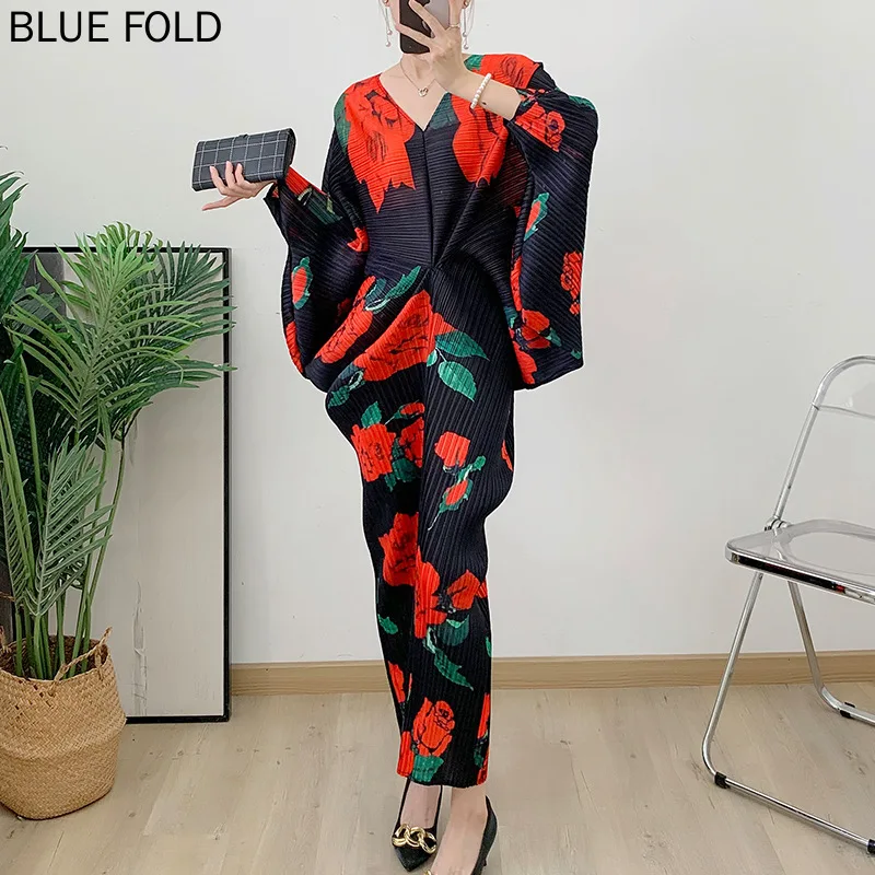 

MIYAKE Middle Eastern Pleated Bat Sleeve Dress Women's Autumn Loose Printed V-Neck Holiday Long Dress High Quality Birthday Dres