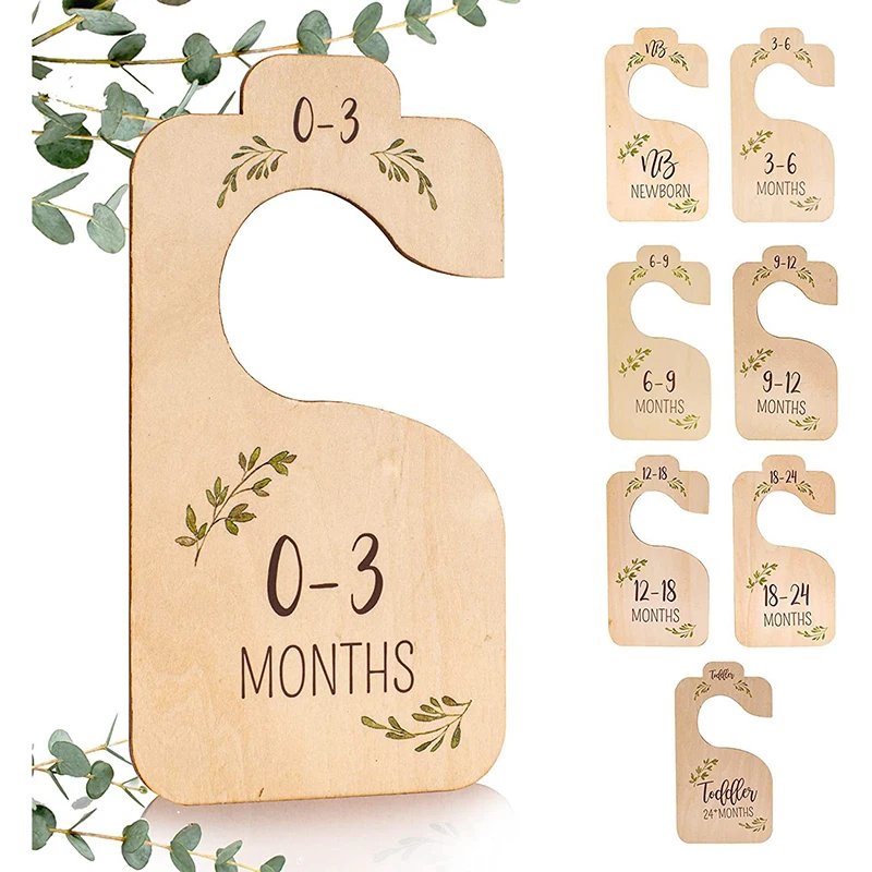 8pcs Wooden Baby Hanger Nursery Newborn Wardrobe Clothes Size Divider Carved Double Sided Card Hanging Ornament Home Decor Sign