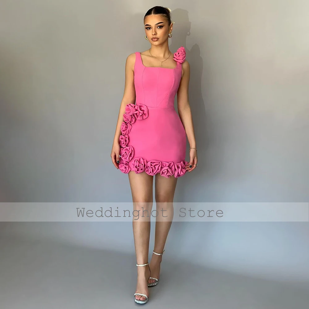 Hot Pink Party Dress Mini 3D Flowers Tank Square Collar Short Cocktail Gowns for Women Sheath Sleeveless Homecoming Dresses