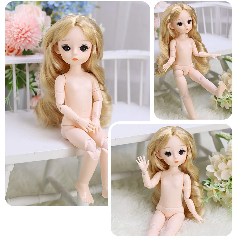 Fashion 30cm Bjd Dolls Nude Body Dress Up 1/6 Naked Doll Long Eyelashes Thick Hair 3D Eyes Toys for Girls Multi-joints Fat Baby