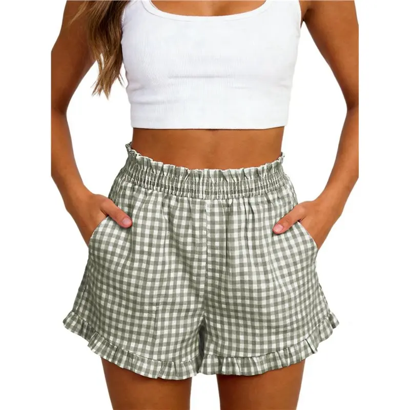 

CYL-Women's Ruffle Boxer Shorts Gingham Pajama Shorts With Pockets Summer Causal Lounge Outfit Green S