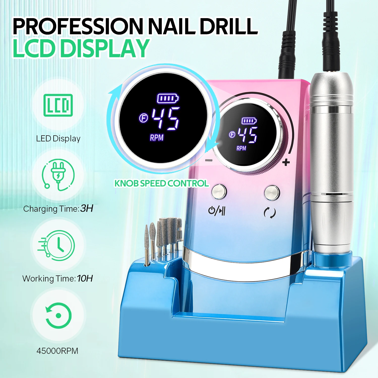 DianaBeauty 45000RPM Nail Drill Machine Portable Nail Polisher USB Charging Low Noice Electric Nail Sander with HD LCD Display