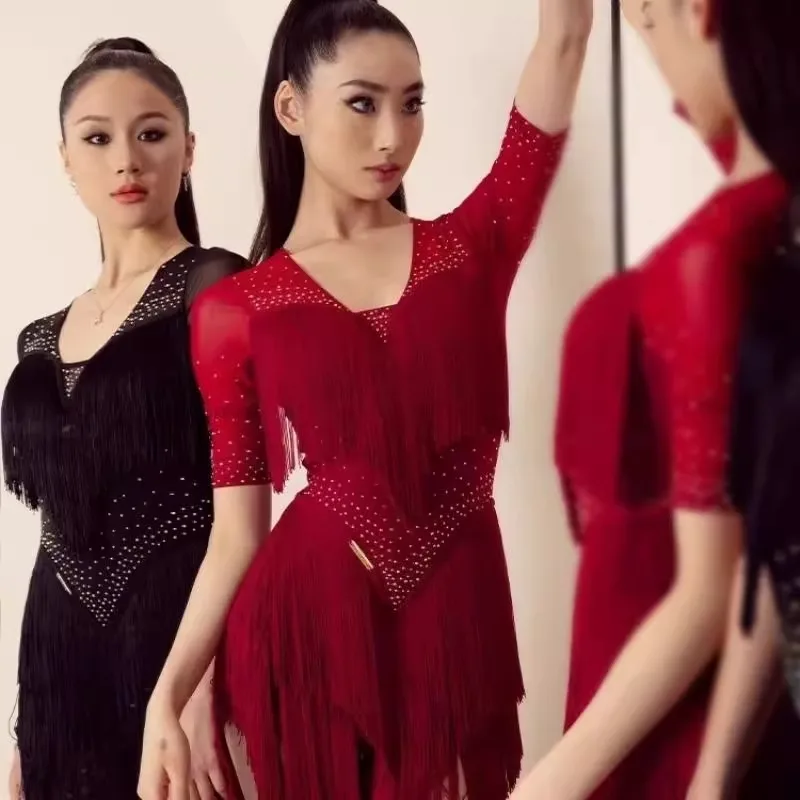 

Customized Latin Dance Dress Costume High-end Outfit Adult Practice Outfit Short Sleeved Dresses for Women Clothing Fringe Skirt