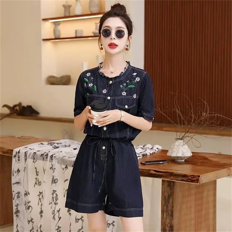 2024 Summer Thin Money New Women's Jumpsuit Senior Round Neck and Short Sleeve Age-reducing Cowboy Jumpsuit Tide