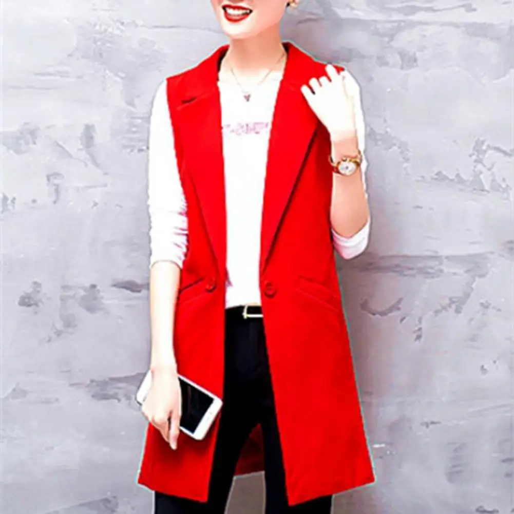 Warm Waistcoat Elegant Sleeveless Women's Suit Coat Mid-length Lapel Jacket with Thin Pockets Formal Ol Commute Style for Women