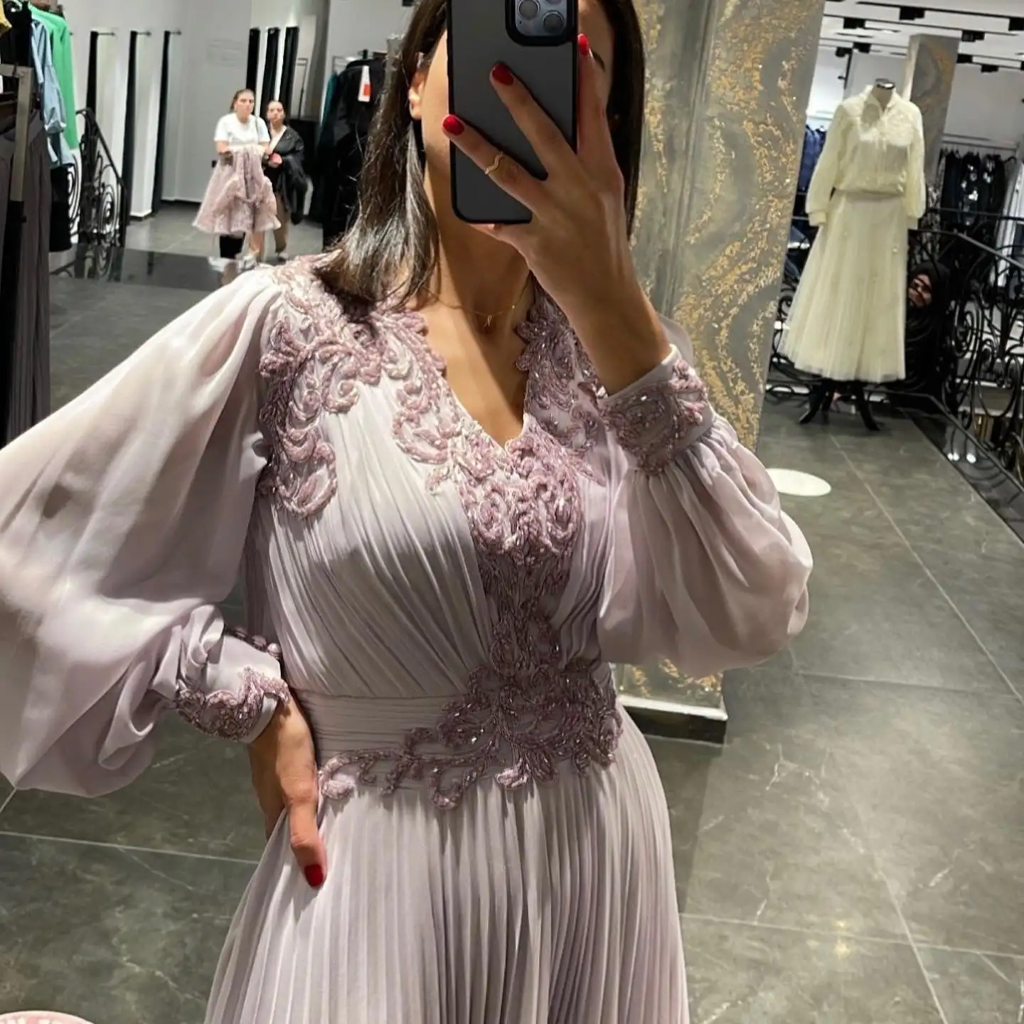 Sumnus Light Purple Chiffon Evening Dresses Appliques Long Sleeve V Neck With Button Ankle Length Evening Prom Dress A Line