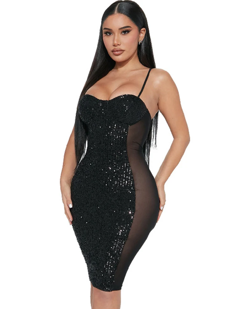 

Champagne Mesh Sequin Bodycon Dresses See Through Night Club Outfits Women Wedding Party Evening Prom Sexy Clubwear Mini Dress