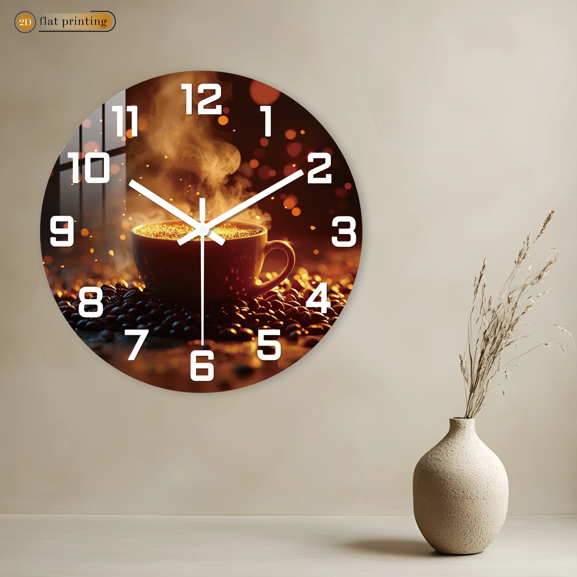 Steaming Coffee Cup Wall Clock - 2D Flat Printed Round Timepiece for Kitchen Decor - Silent Non-Ticking Coffee-Themed Clock