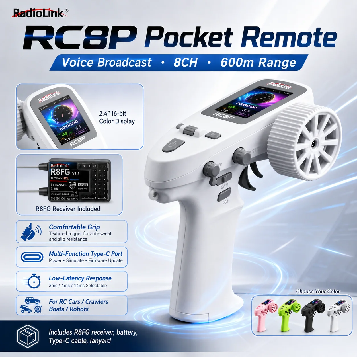 Newest RadioLink RC Transmitter 2.4G 8Channel RC8P R8FG Receiver Voice Broadcast Pocket Remote for RC Model Cars Crawlers Boat