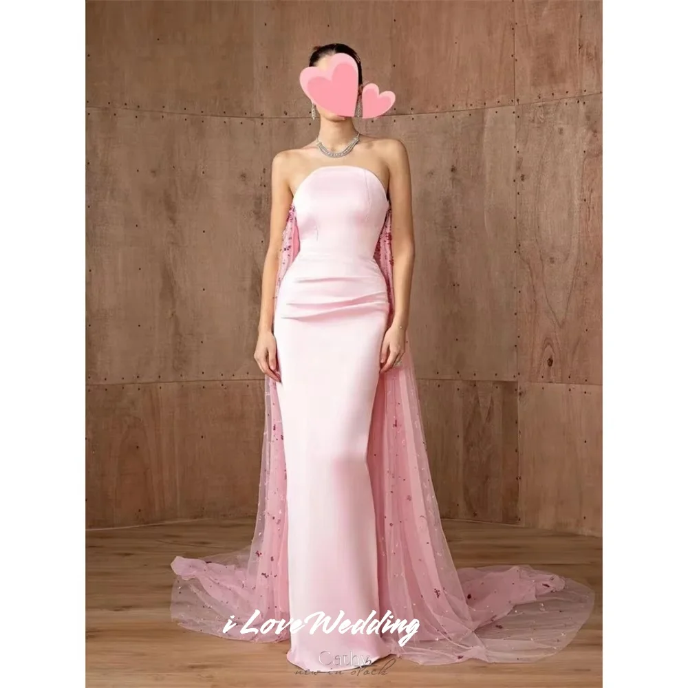 Pink Strapless Evening Dress 2025 Satin Sleeveless Backless Mermaid Beaded Pleated Floor-Length Wedding Party Dresses Customized