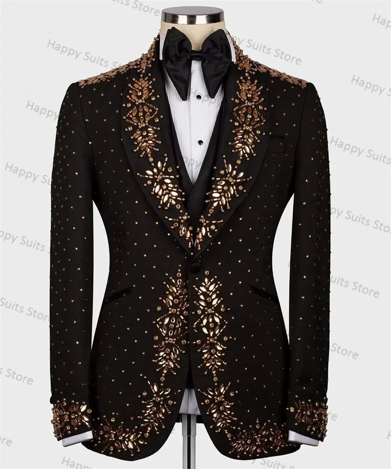 Golden Crystals Men Suit Set 2 Pieces Black Blazer+Pant Formal Work Office Male Jacket Prom Coat Trousers Wedding Tuxedo