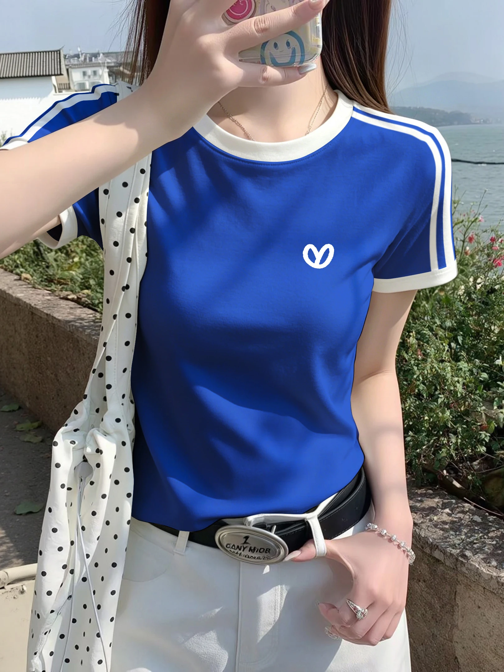 Klein Blue Contrast Color Stripe Short Sleeve T-Shirt Women's Summer Slimming Versatile round Neck Casual Sports Top