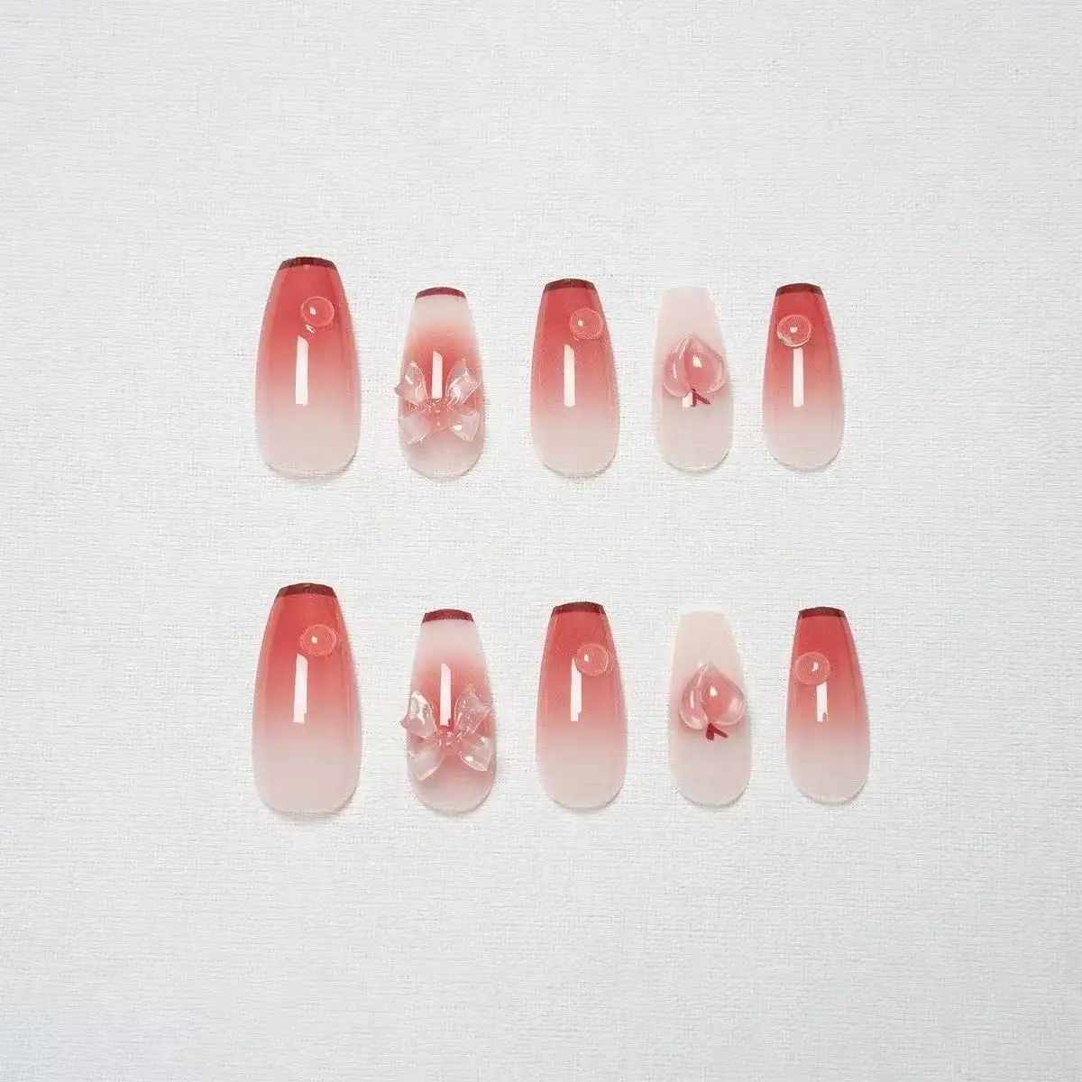 أومبير الصحافة على الأظافر الشمسية اللون تغيير الأظافر الخوخ 24 قطعة مجموعة ثلاثية الأبعاد القوس القلب تصميم الأظافر كاذبة هدية صندوق مانيكير