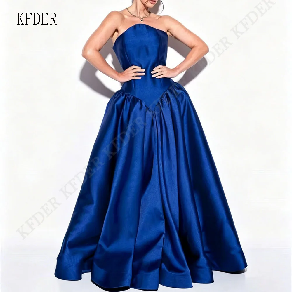 Simple Royal Blue Satin Evening Dresses Customized Women Prom Gowns Strapless Left Leg Slit Formal Birthday Party Dress