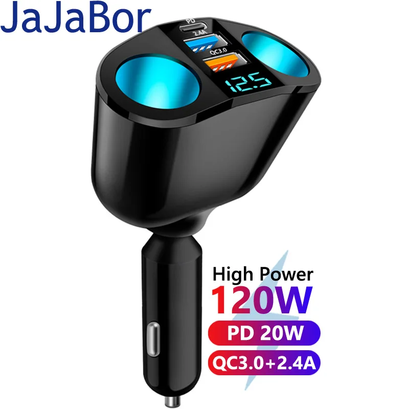 

JaJaBor Car Cigarette Lighter Socket Splitter PD QC3.0 Fast Charging 2 USB Charger 5 Ports For Mobile Phone DVR Charging