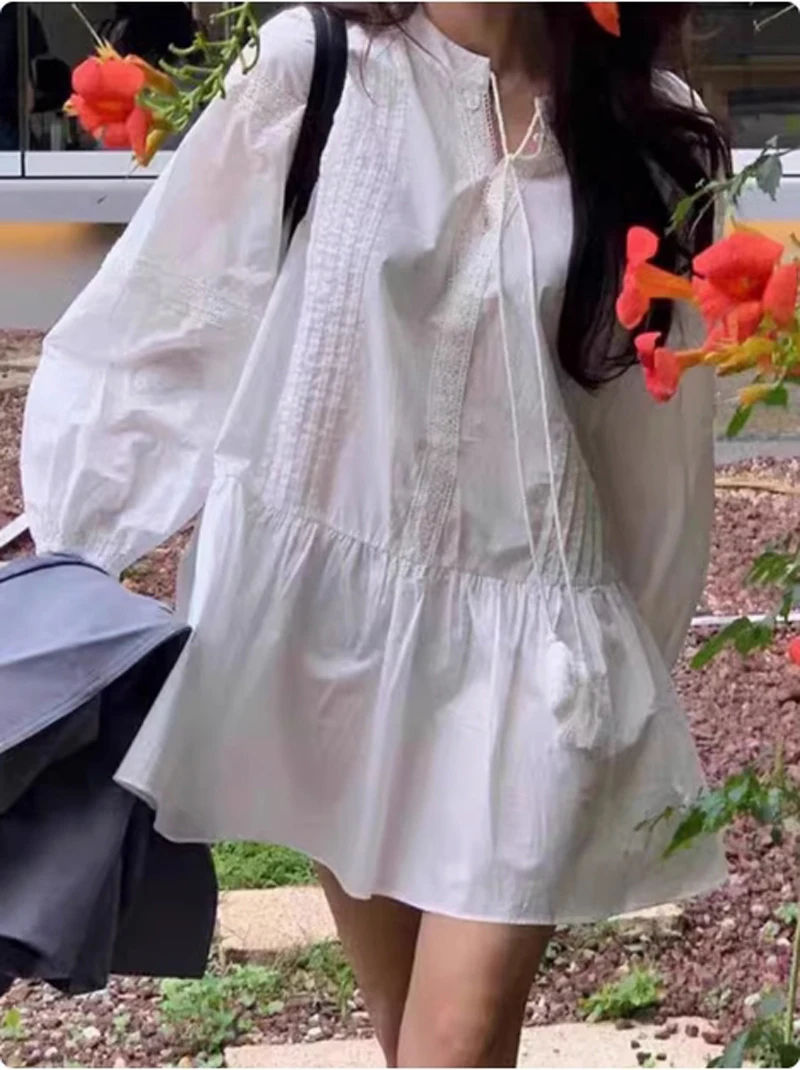 New Korea Chic Dresses Spring Retro National Stand Collar Splicing Lace Hook Flower Loose Ruffled Long-sleeved Dress Female