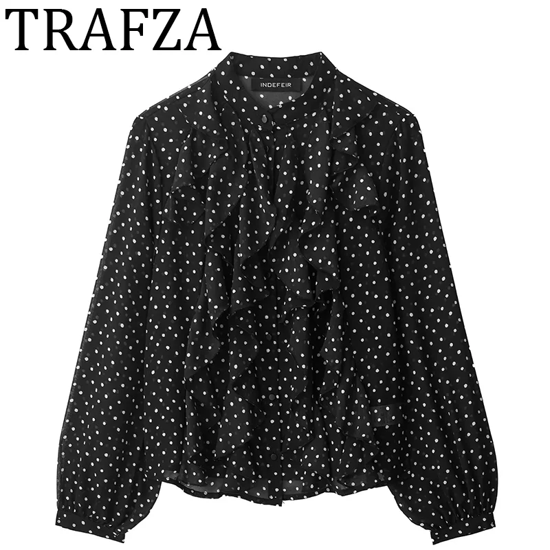 

TRAFZA Woman 2025 Polka Dot Ruffle Chiffon Blouse for Women Long Sleeve Semi-sheer Elegant Shirt & blouses Summer Woman clothing