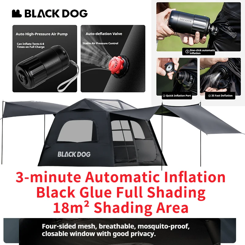 

Naturehike BLACKDOG Fog Island 6.0 Автоматическая надувная палатка Черный клей Полная затенение Защита от солнца Теплопоглощение 3 минуты Нет Nee