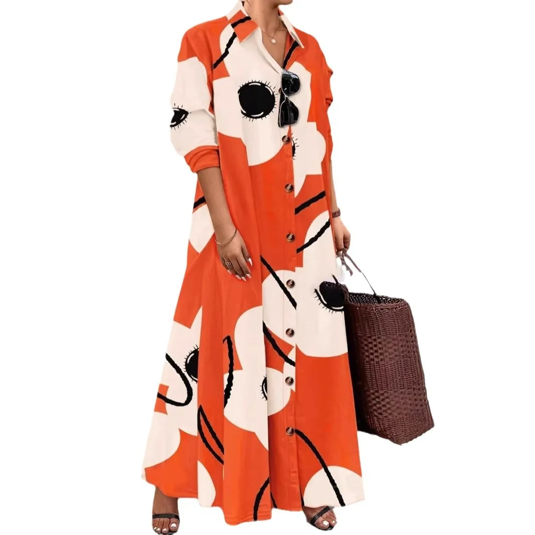 وصل حديثًا ربيع 2025 فستان طويل الأكمام مطبوع فضفاض أنيق بصدر واحد متعدد الأزرار #5