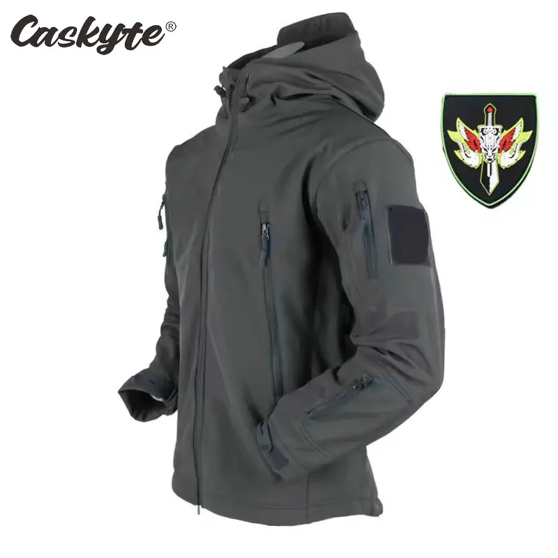 

2026 CASKYTE Grey Cycling Soft Shell Jacket Men Waterproof Tactical Jacket Coat Winter Warm Fleece Hooded Windbreaker and Pants