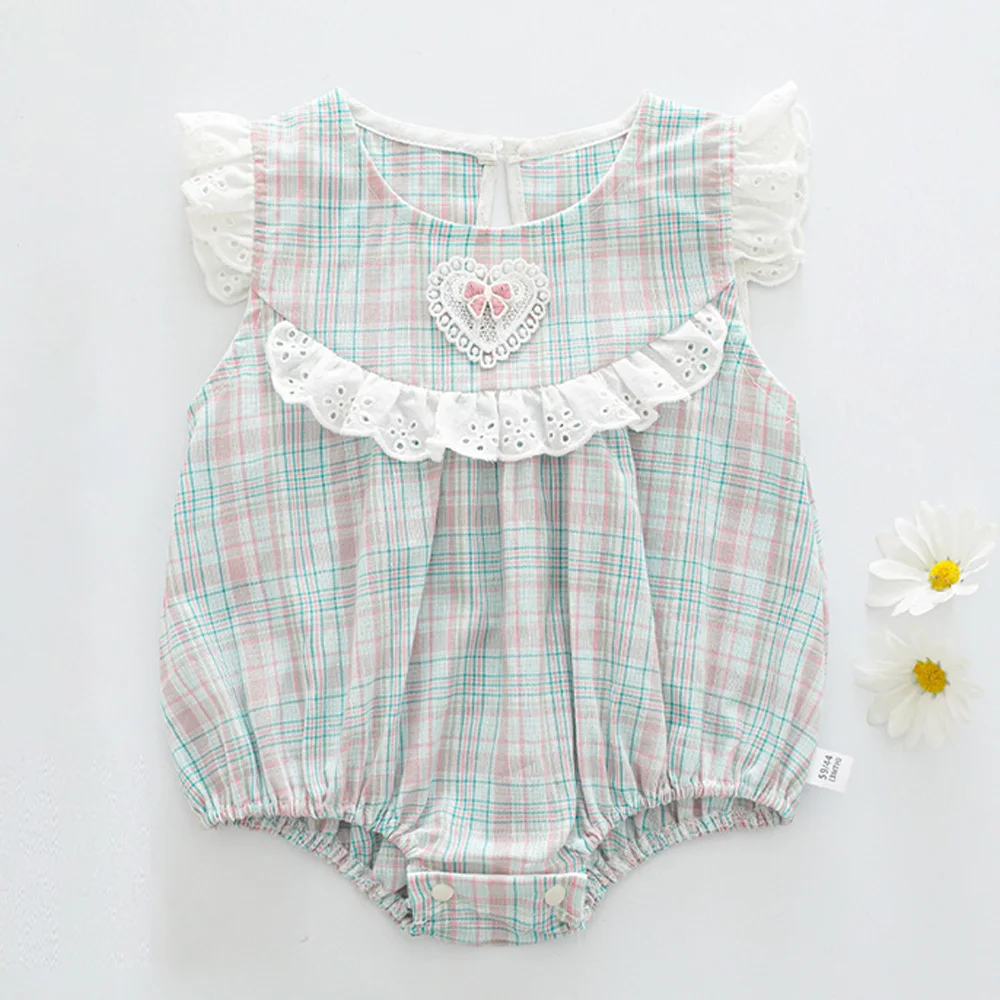 Baby Bodysuits Flying Sleeve Dot Plaid Summer Thin Newborn Girls Clothes Ruffles Daily Infant Romper
