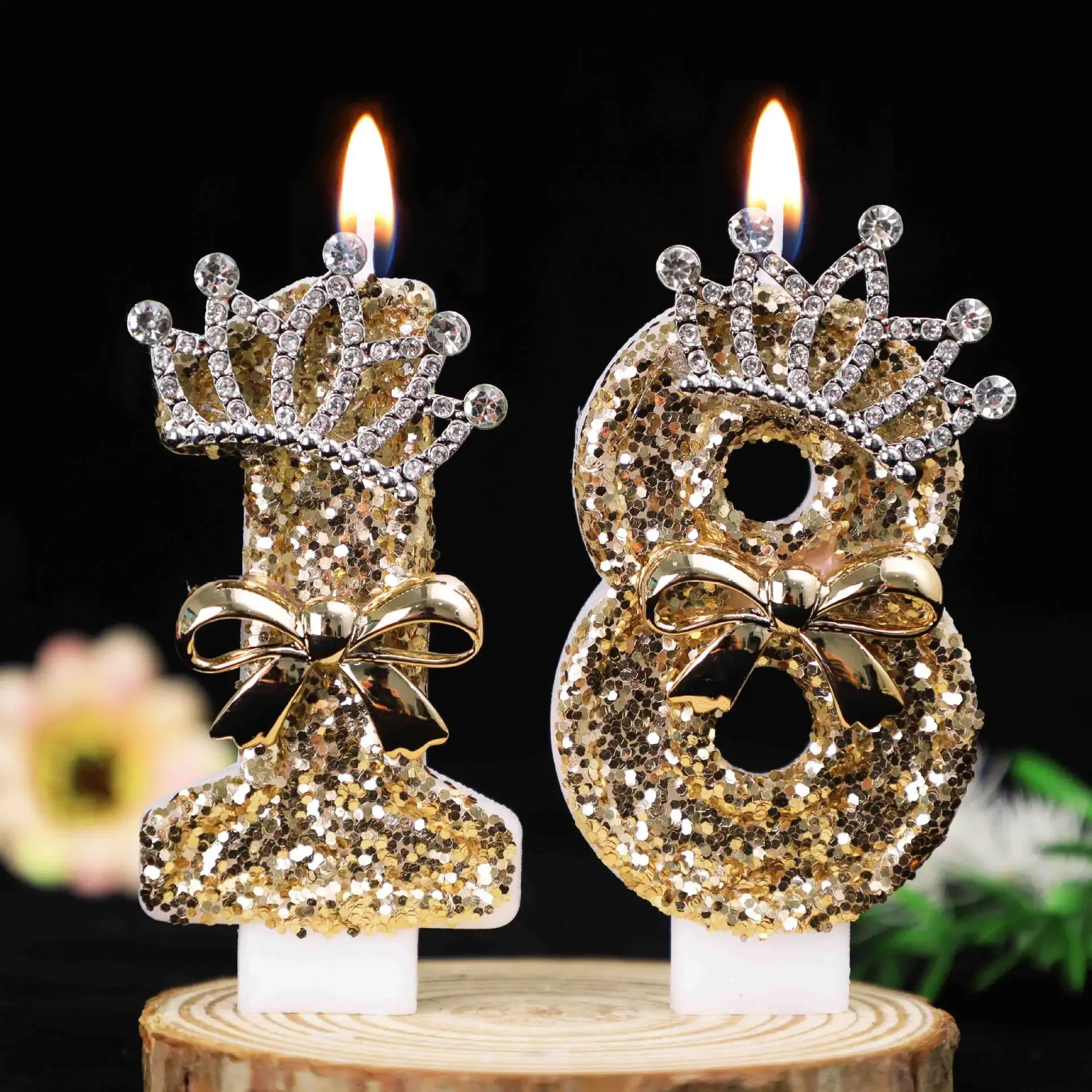 Golden shiny digital birthday candles, crown and bow, birthday party cake decoration