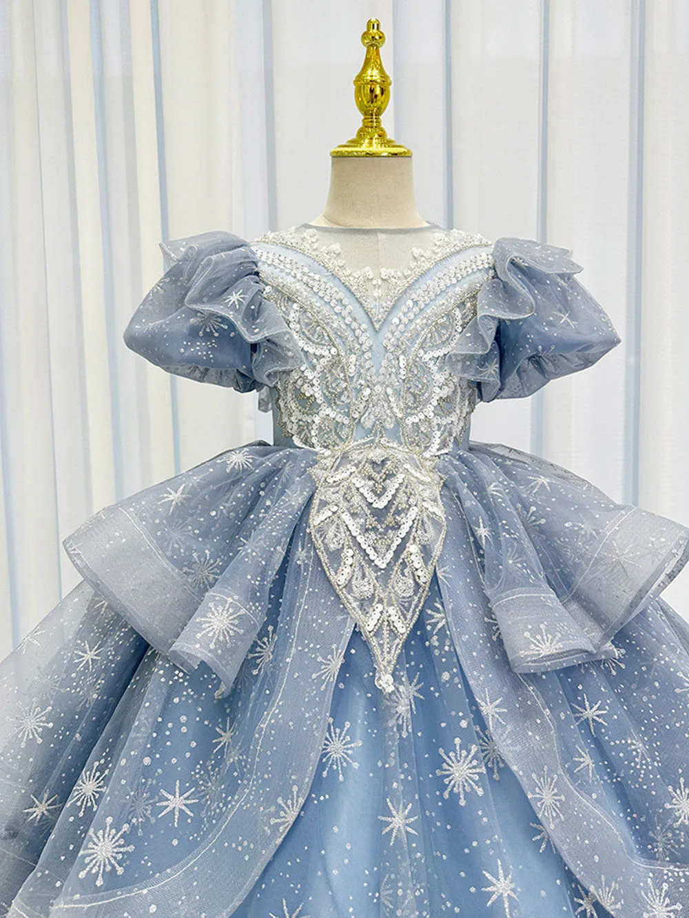 Light Luxury Blue Children's Short Puff Sleeves Sequins Floor Length Stars Applique Princess Dress Piano Performance Vestido