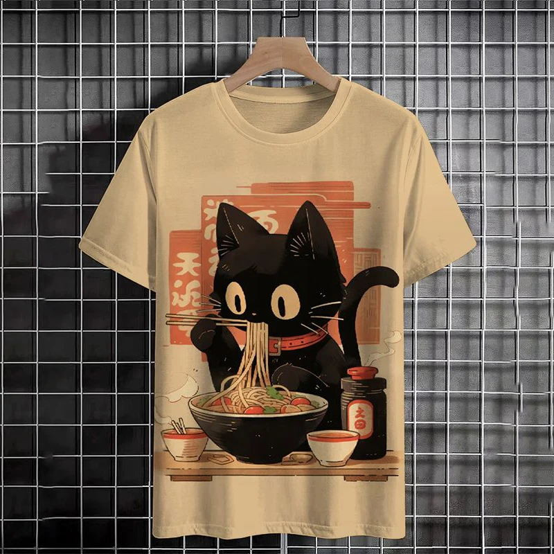 Summer Men's T-shirt Animal Cute Cat Print Crew Collar Short Sleeve T-shirt Street Trend Oversized Top Boys Girls Kids Clothing