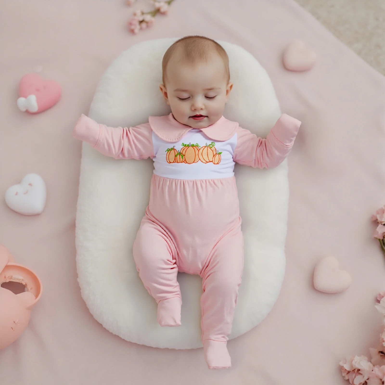 

Baby Girl Halloween Romper Pumpkin Embroidered Doll Collar Long Sleeve Footie Pajama Cute Winter Fall Clothes