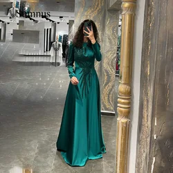 Sumnus Emerald Green Satin Long Saudi Arabia Evening Party Dresses Sequins Bead Full Sleeve Muslim Dubai Evening Gowns Customize