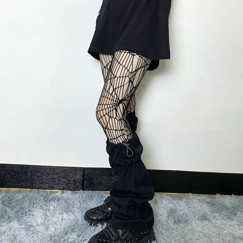 Calcetines japoneses hasta pantorrilla para mujeres y niñas, calentadores piernas negros con cordón fruncido gótico Punk,