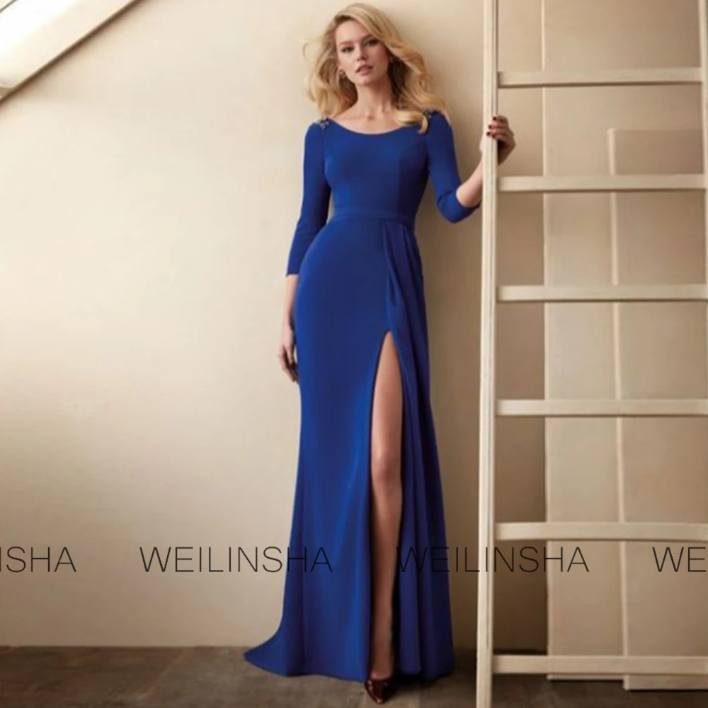 Elegant Class Wedding Mom Dresses Crepe Fabric Sheath/Column Formal Evening Dress Royal Blue O-Neck Rhinestones Prom Dress Long