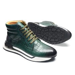 Luxury Winter Men Ankle Boots Cow Genuine Leather Crocodile Print Totem Design Lace-up Motorcycle Boot High Top Mens Sneakers
