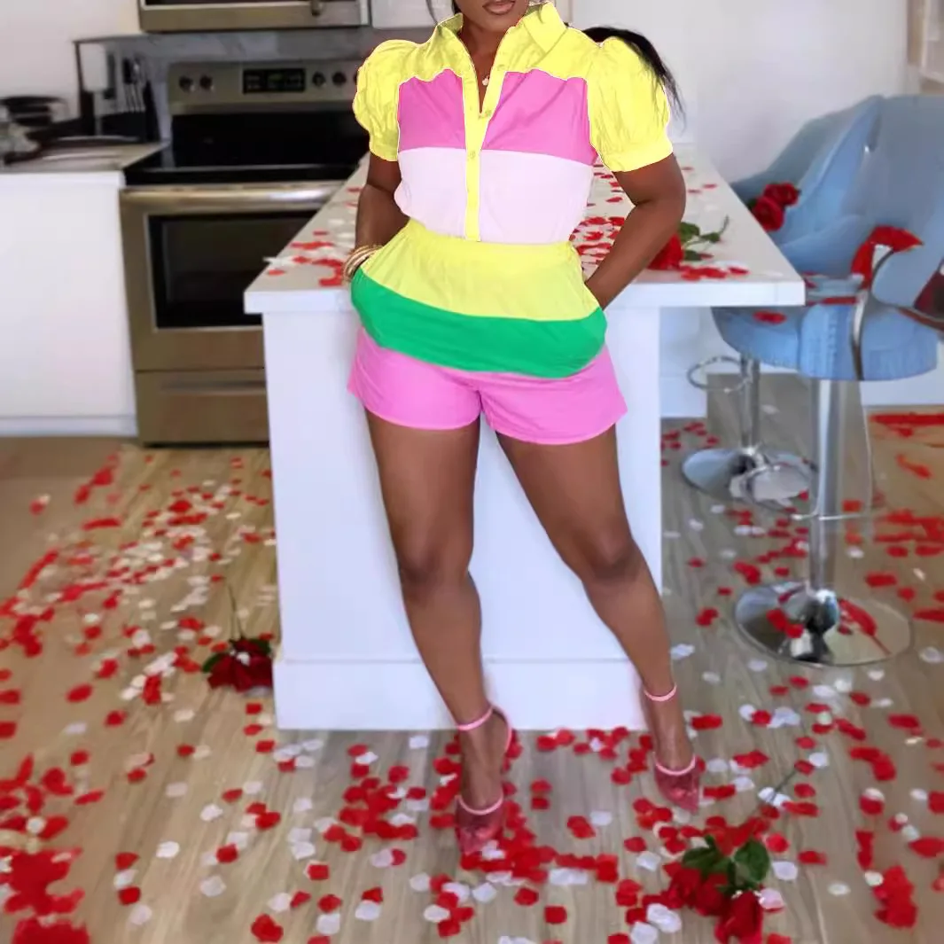 

Women's Two-piece Multi Color Patchwork 2025 Summer New Lantern Sleeve Single Breasted Shirt Top And Shorts Suit Casual Set