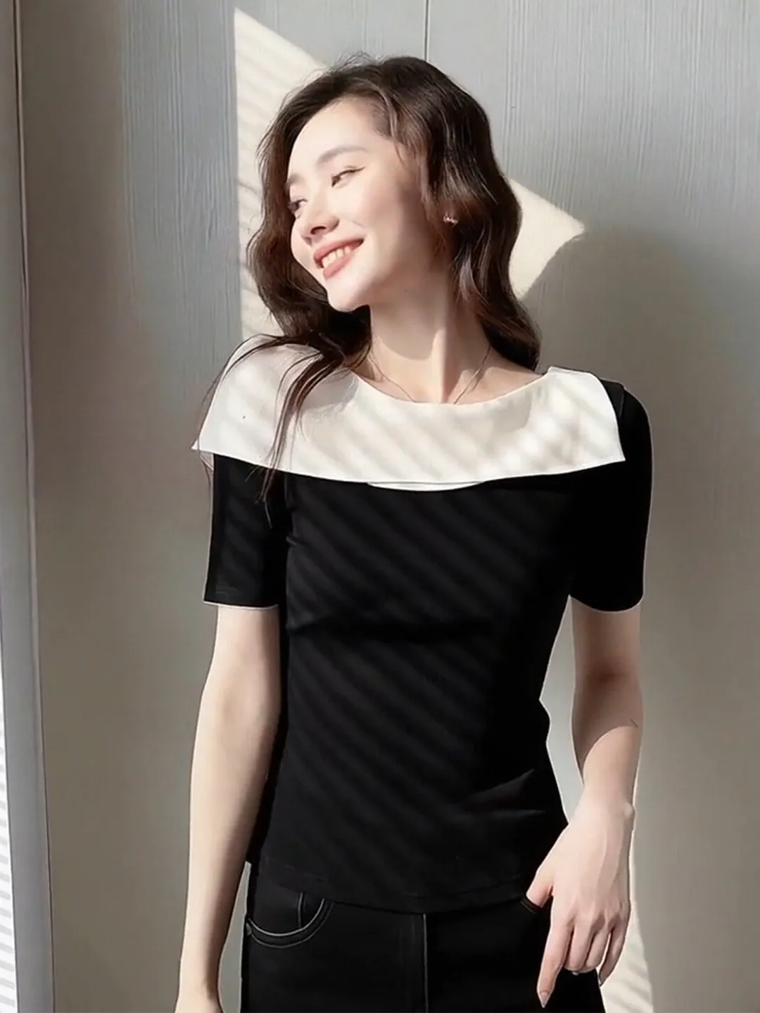 plus Size Women's Short Sleeve T-Shirt Color Block One Shoulder Slim Fit Cotton Summer New Style Unique Fashion Casual Top