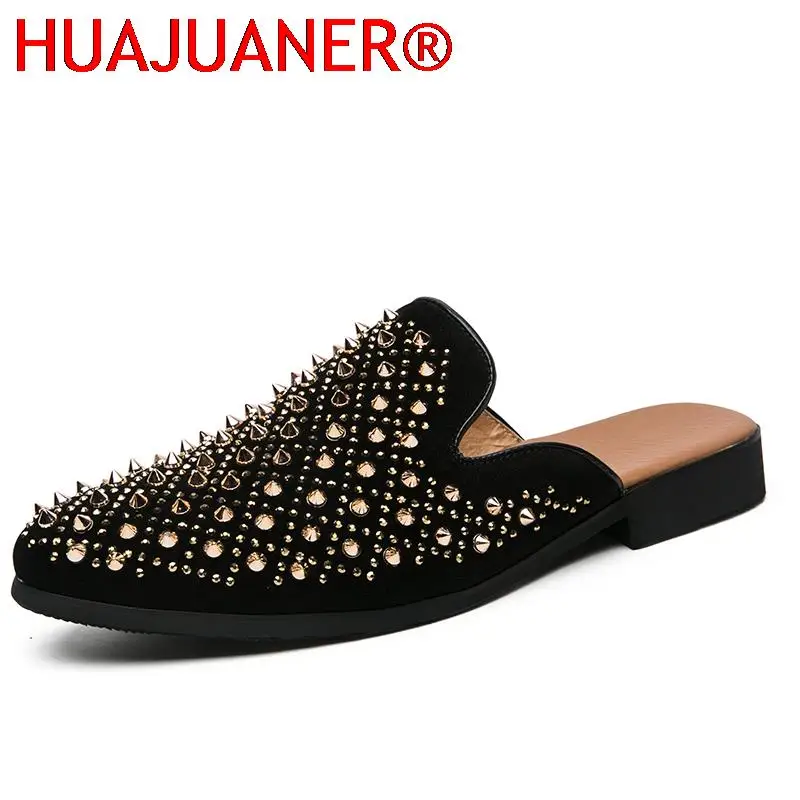 New Shiny Gold Spiked Rivets Slippers Men Casual Shoes Punk Heavy Metal Fashion Dress Shoes Men Flats Slip On Half Shoes For Men