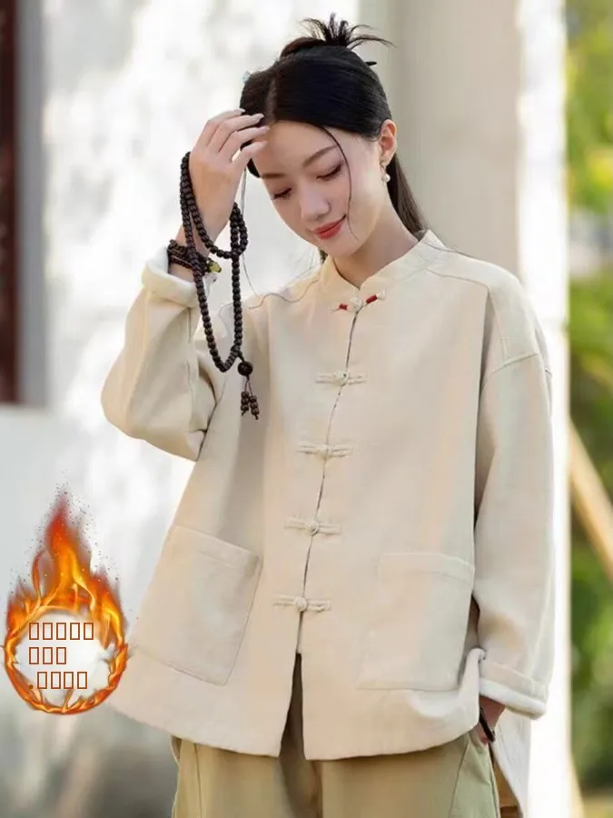 

Новая китайская хлопково-льняная женская куртка в стиле дзен, осенне-зимняя длинная женская одежда обычного кроя Sve irt Fem Faion