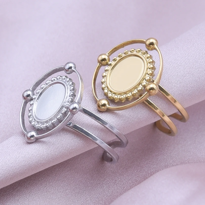 1/2pcs Mix Silver/Gold Color Oval Flower Sun Ring Stainless Steel Rings For Women Men Accessories Round Blank Cobochons Settings