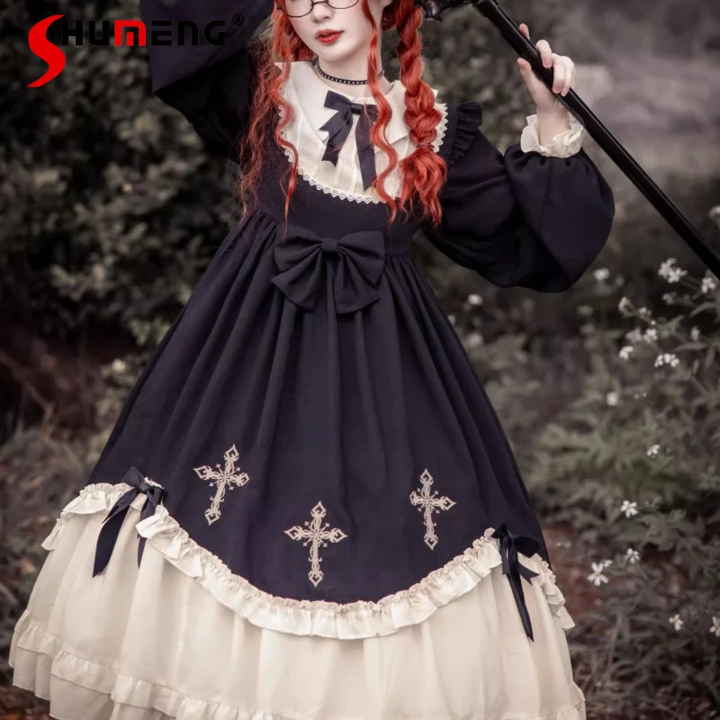 

Original Gothic Large Size Lolita Dress Autumn Winter Girls' High Waist Slimming Long Sleeve Dress Female Retro Elegance Dress