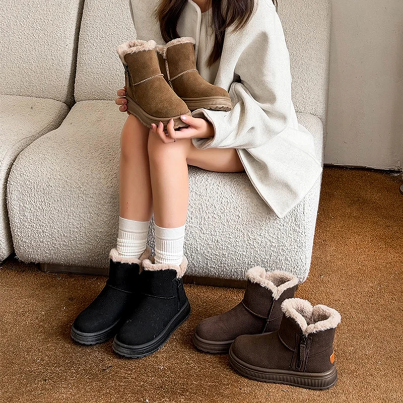2025 Winter Shoes Women Suede Snow Boots Genuine Leather Warm Plush Cold Winter Flat Ladies Ankle Boots Plus Size 41 D672