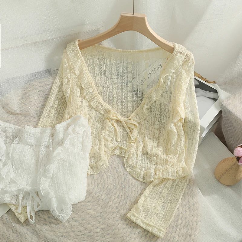 

Шикарный омолаживающий кардиган из ледяного шелка с кружевом, женский летний легкий жакет для ношения с юбкой, верхняя одежда для кондиционированных помещений